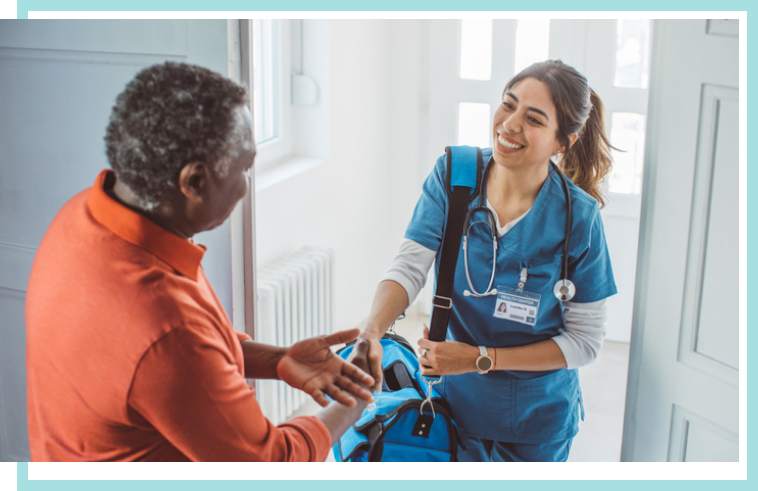 Female in-home nurse shaking hands with a man