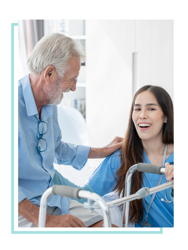 Female physical therapist working with a male patient using a walker