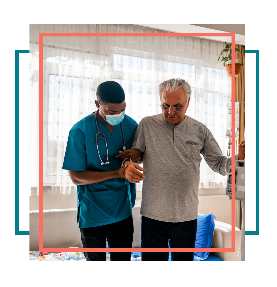 Masked male nurse assisting elderly man.