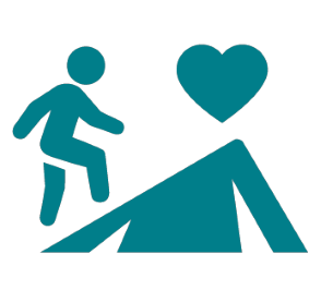 Person climbing mountain towards a heart icon