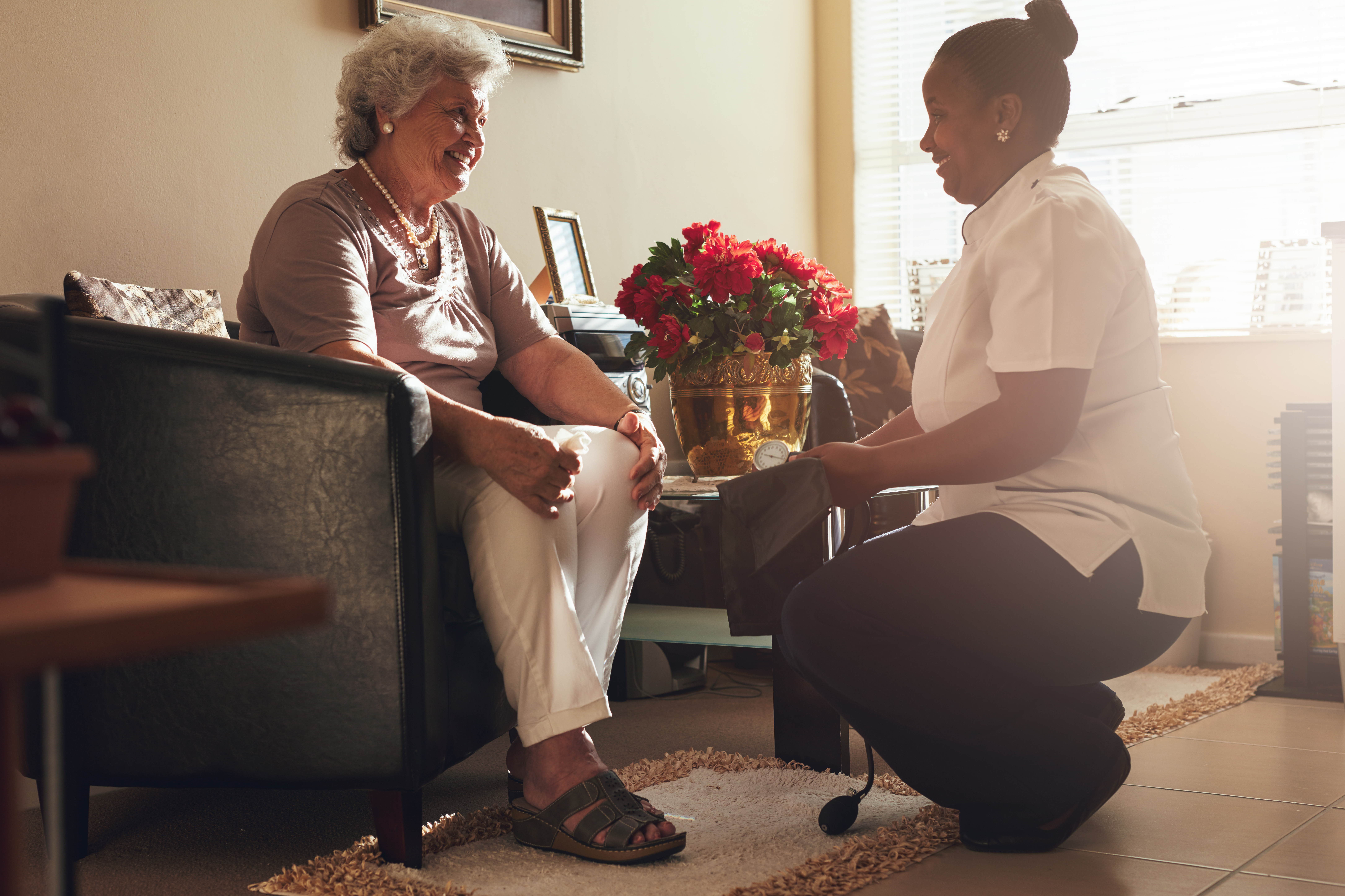 Senior woman sitting on a chair at home with female caregiver holding blood pressure gauge.