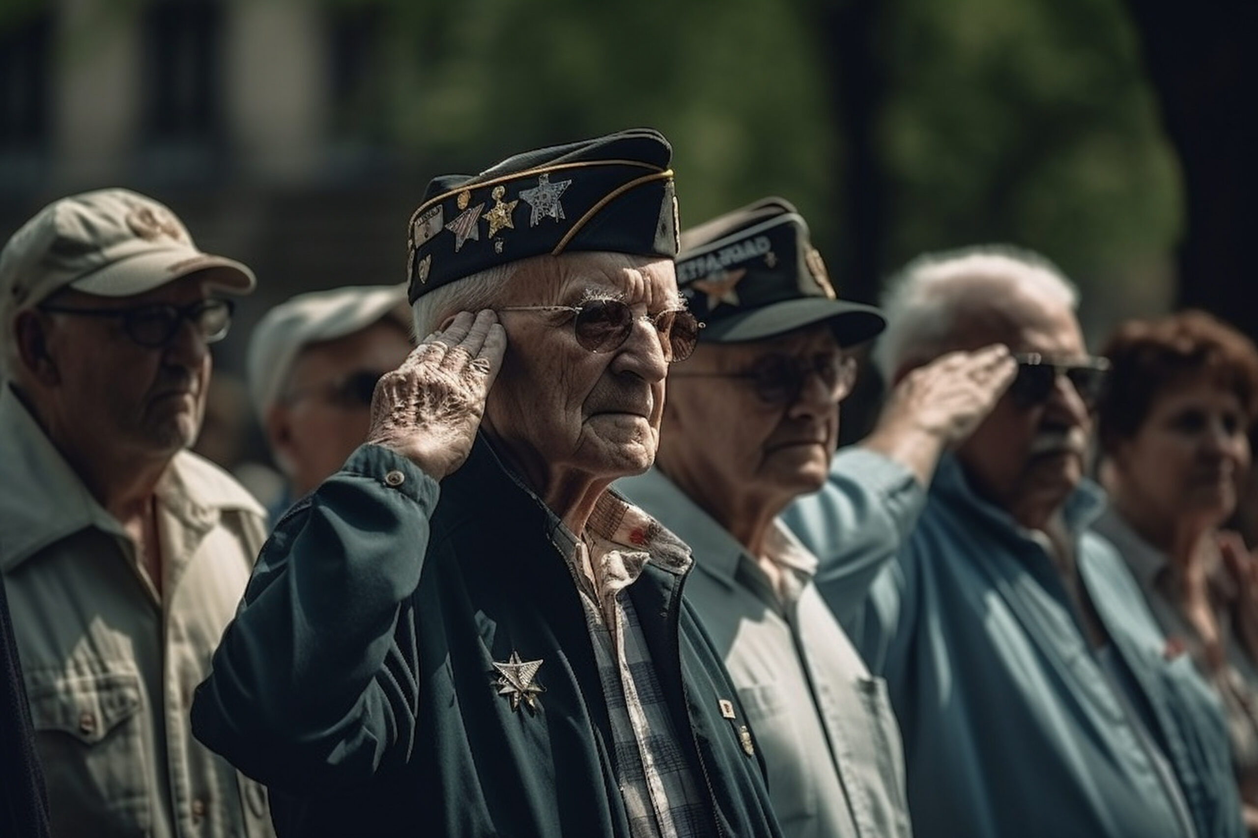 Group of veterans of different generations gathered around a flag